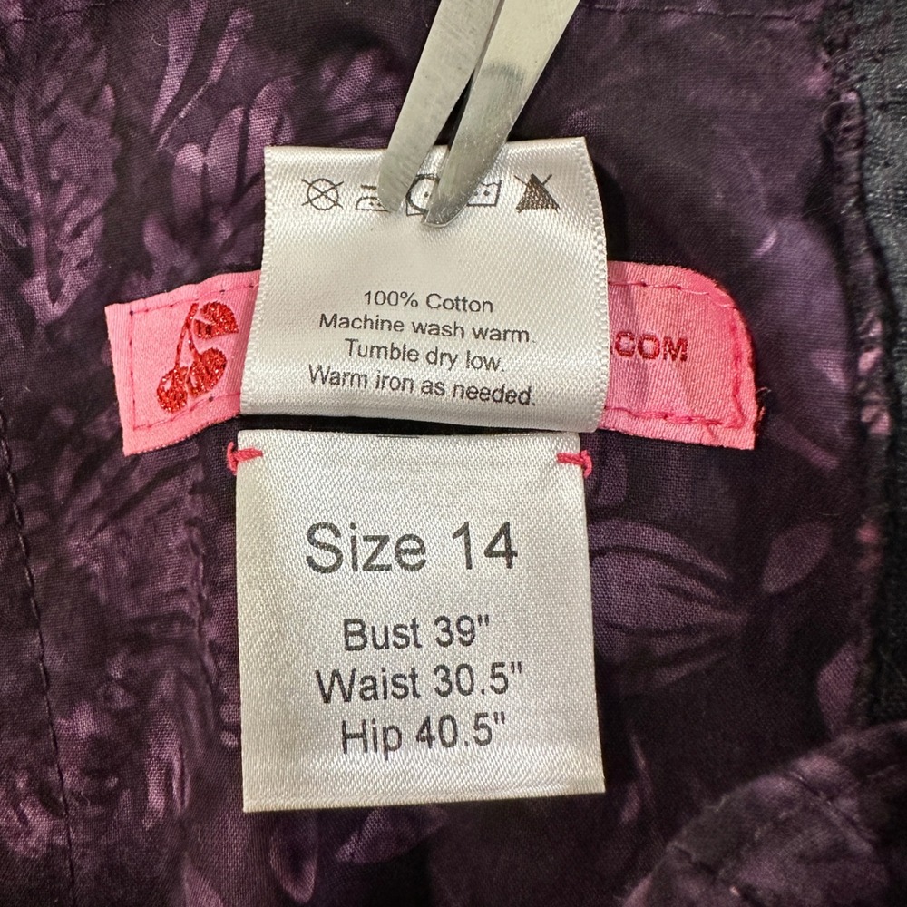 Cherry Twist Shop Handmade Sheath Dress Womens 14 Purple Batik Floral Rockabilly - Picture 5 of 7